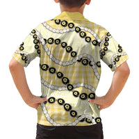 Yellow Palaka Hawaii Family Matching Off Shoulder Maxi Dress and Hawaiian Shirt Kukui Nut Pikake Lei Hawaiian Tapa Pattern - Polynesian Pride