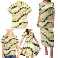 Yellow Palaka Hawaii Family Matching Puletasi and Hawaiian Shirt Kukui Nut Pikake Lei Hawaiian Tapa Pattern LT14 - Polynesian Pride
