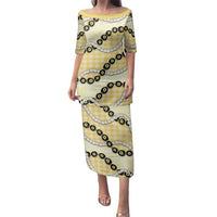 Yellow Palaka Hawaii Family Matching Puletasi and Hawaiian Shirt Kukui Nut Pikake Lei Hawaiian Tapa Pattern LT14 Mom's Dress Yellow - Polynesian Pride