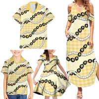 Yellow Palaka Hawaii Family Matching Summer Maxi Dress and Hawaiian Shirt Kukui Nut Pikake Lei Hawaiian Tapa Pattern - Polynesian Pride