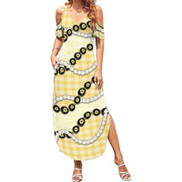 Yellow Palaka Hawaii Family Matching Summer Maxi Dress and Hawaiian Shirt Kukui Nut Pikake Lei Hawaiian Tapa Pattern LT14 Mom's Dress Yellow - Polynesian Pride