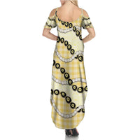 Yellow Palaka Hawaii Family Matching Summer Maxi Dress and Hawaiian Shirt Kukui Nut Pikake Lei Hawaiian Tapa Pattern LT14 - Polynesian Pride