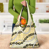 Yellow Palaka Hawaii Grocery Bag Kukui Nut Pikake Lei Hawaiian Tapa Pattern - Polynesian Pride