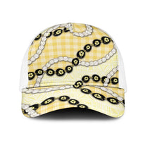 Yellow Palaka Hawaii Mesh Trucker Cap Kukui Nut Pikake Lei Hawaiian Tapa Pattern - Polynesian Pride