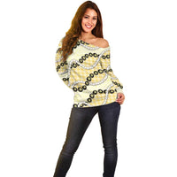 Yellow Palaka Hawaii Off Shoulder Sweater Kukui Nut Pikake Lei Hawaiian Tapa Pattern - Polynesian Pride