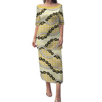 Yellow Palaka Hawaii Puletasi Kukui Nut Pikake Lei Hawaiian Tapa Pattern LT14 Long Dress Yellow - Polynesian Pride