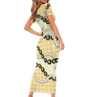 Yellow Palaka Hawaii Short Sleeve Bodycon Dress Kukui Nut Pikake Lei Hawaiian Tapa Pattern LT14 - Polynesian Pride