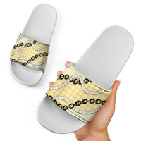 Yellow Palaka Hawaii Slide Sandals Kukui Nut Pikake Lei Hawaiian Tapa Pattern - Polynesian Pride