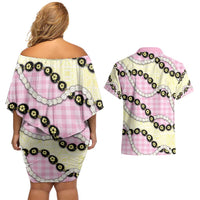 Pink Palaka Hawaii Couples Matching Off Shoulder Short Dress and Hawaiian Shirt Kukui Nut Pikake Lei Hawaiian Tapa Pattern - Polynesian Pride