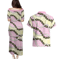 Pink Palaka Hawaii Couples Matching Puletasi and Hawaiian Shirt Kukui Nut Pikake Lei Hawaiian Tapa Pattern - Polynesian Pride