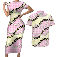 Pink Palaka Hawaii Couples Matching Short Sleeve Bodycon Dress and Hawaiian Shirt Kukui Nut Pikake Lei Hawaiian Tapa Pattern LT14 Pink - Polynesian Pride