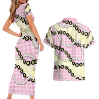 Pink Palaka Hawaii Couples Matching Short Sleeve Bodycon Dress and Hawaiian Shirt Kukui Nut Pikake Lei Hawaiian Tapa Pattern LT14 - Polynesian Pride