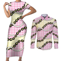 Pink Palaka Hawaii Couples Matching Short Sleeve Bodycon Dress and Long Sleeve Button Shirt Kukui Nut Pikake Lei Hawaiian Tapa Pattern LT14 Pink - Polynesian Pride