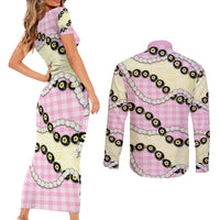 Pink Palaka Hawaii Couples Matching Short Sleeve Bodycon Dress and Long Sleeve Button Shirt Kukui Nut Pikake Lei Hawaiian Tapa Pattern LT14 - Polynesian Pride