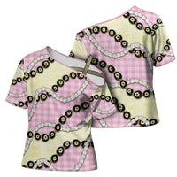 Pink Palaka Hawaii Cross Shoulder Shirt Kukui Nut Pikake Lei Hawaiian Tapa Pattern - Polynesian Pride