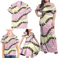 Pink Palaka Hawaii Family Matching Off Shoulder Maxi Dress and Hawaiian Shirt Kukui Nut Pikake Lei Hawaiian Tapa Pattern LT14 - Polynesian Pride