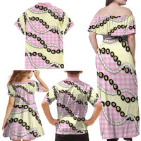 Pink Palaka Hawaii Family Matching Off Shoulder Maxi Dress and Hawaiian Shirt Kukui Nut Pikake Lei Hawaiian Tapa Pattern LT14 - Polynesian Pride