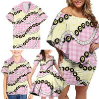Pink Palaka Hawaii Family Matching Off Shoulder Short Dress and Hawaiian Shirt Kukui Nut Pikake Lei Hawaiian Tapa Pattern LT14 - Polynesian Pride