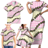 Pink Palaka Hawaii Family Matching Short Sleeve Bodycon Dress and Hawaiian Shirt Kukui Nut Pikake Lei Hawaiian Tapa Pattern - Polynesian Pride