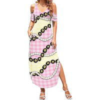 Pink Palaka Hawaii Family Matching Summer Maxi Dress and Hawaiian Shirt Kukui Nut Pikake Lei Hawaiian Tapa Pattern - Polynesian Pride