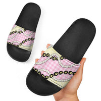 Pink Palaka Hawaii Slide Sandals Kukui Nut Pikake Lei Hawaiian Tapa Pattern - Polynesian Pride