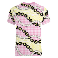 Pink Palaka Hawaii Women V-Neck T-Shirt Kukui Nut Pikake Lei Hawaiian Tapa Pattern LT14 - Polynesian Pride