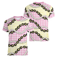 Pink Palaka Hawaii Women V-Neck T-Shirt Kukui Nut Pikake Lei Hawaiian Tapa Pattern LT14 - Polynesian Pride