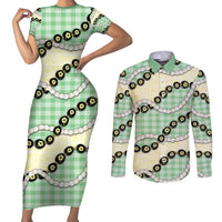 Green Palaka Hawaii Couples Matching Short Sleeve Bodycon Dress and Long Sleeve Button Shirt Kukui Nut Pikake Lei Hawaiian Tapa Pattern LT14 Green - Polynesian Pride