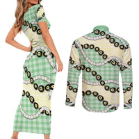 Green Palaka Hawaii Couples Matching Short Sleeve Bodycon Dress and Long Sleeve Button Shirt Kukui Nut Pikake Lei Hawaiian Tapa Pattern - Polynesian Pride