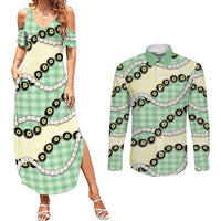 Green Palaka Hawaii Couples Matching Summer Maxi Dress and Long Sleeve Button Shirt Kukui Nut Pikake Lei Hawaiian Tapa Pattern - Polynesian Pride