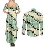 Green Palaka Hawaii Couples Matching Summer Maxi Dress and Long Sleeve Button Shirt Kukui Nut Pikake Lei Hawaiian Tapa Pattern - Polynesian Pride