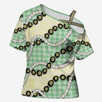 Green Palaka Hawaii Cross Shoulder Shirt Kukui Nut Pikake Lei Hawaiian Tapa Pattern - Polynesian Pride