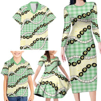 Green Palaka Hawaii Family Matching Long Sleeve Bodycon Dress and Hawaiian Shirt Kukui Nut Pikake Lei Hawaiian Tapa Pattern LT14 - Polynesian Pride