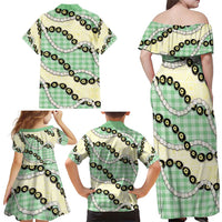 Green Palaka Hawaii Family Matching Off Shoulder Maxi Dress and Hawaiian Shirt Kukui Nut Pikake Lei Hawaiian Tapa Pattern - Polynesian Pride
