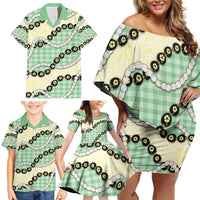 Green Palaka Hawaii Family Matching Off Shoulder Short Dress and Hawaiian Shirt Kukui Nut Pikake Lei Hawaiian Tapa Pattern LT14 - Polynesian Pride