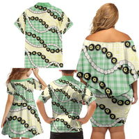 Green Palaka Hawaii Family Matching Off Shoulder Short Dress and Hawaiian Shirt Kukui Nut Pikake Lei Hawaiian Tapa Pattern LT14 - Polynesian Pride