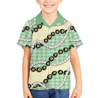 Green Palaka Hawaii Family Matching Off Shoulder Short Dress and Hawaiian Shirt Kukui Nut Pikake Lei Hawaiian Tapa Pattern LT14 Son's Shirt Green - Polynesian Pride