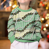 Green Palaka Hawaii Kid Ugly Christmas Sweater Kukui Nut Pikake Lei Hawaiian Tapa Pattern - Polynesian Pride