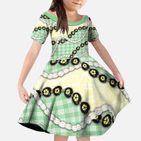 Green Palaka Hawaii Kid Short Sleeve Dress Kukui Nut Pikake Lei Hawaiian Tapa Pattern - Polynesian Pride