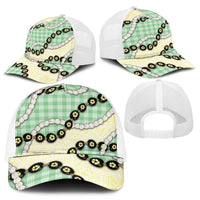 Green Palaka Hawaii Mesh Trucker Cap Kukui Nut Pikake Lei Hawaiian Tapa Pattern - Polynesian Pride