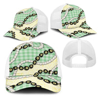 Green Palaka Hawaii Mesh Trucker Cap Kukui Nut Pikake Lei Hawaiian Tapa Pattern - Polynesian Pride