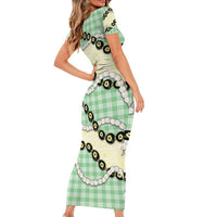 Green Palaka Hawaii Short Sleeve Bodycon Dress Kukui Nut Pikake Lei Hawaiian Tapa Pattern LT14 - Polynesian Pride
