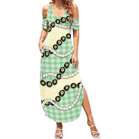 Green Palaka Hawaii Summer Maxi Dress Kukui Nut Pikake Lei Hawaiian Tapa Pattern LT14 Women Green - Polynesian Pride