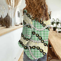 Green Palaka Hawaii Women Casual Shirt Kukui Nut Pikake Lei Hawaiian Tapa Pattern - Polynesian Pride