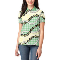 Green Palaka Hawaii Women Polo Shirt Kukui Nut Pikake Lei Hawaiian Tapa Pattern - Polynesian Pride