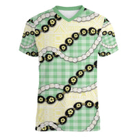 Green Palaka Hawaii Women V-Neck T-Shirt Kukui Nut Pikake Lei Hawaiian Tapa Pattern LT14 Female Green - Polynesian Pride