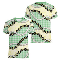 Green Palaka Hawaii Women V-Neck T-Shirt Kukui Nut Pikake Lei Hawaiian Tapa Pattern LT14 - Polynesian Pride