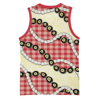 Red Palaka Hawaii Basketball Jersey Kukui Nut Pikake Lei Hawaiian Tapa Pattern - Polynesian Pride