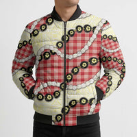 Red Palaka Hawaii Bomber Puffer Jacket Kukui Nut Pikake Lei Hawaiian Tapa Pattern - Polynesian Pride