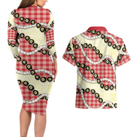 Red Palaka Hawaii Couples Matching Long Sleeve Bodycon Dress and Hawaiian Shirt Kukui Nut Pikake Lei Hawaiian Tapa Pattern - Polynesian Pride